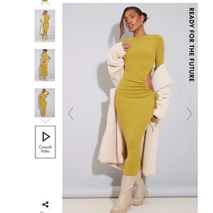 Olive Brushed Rib Ruched Cut Out Midaxi Dress